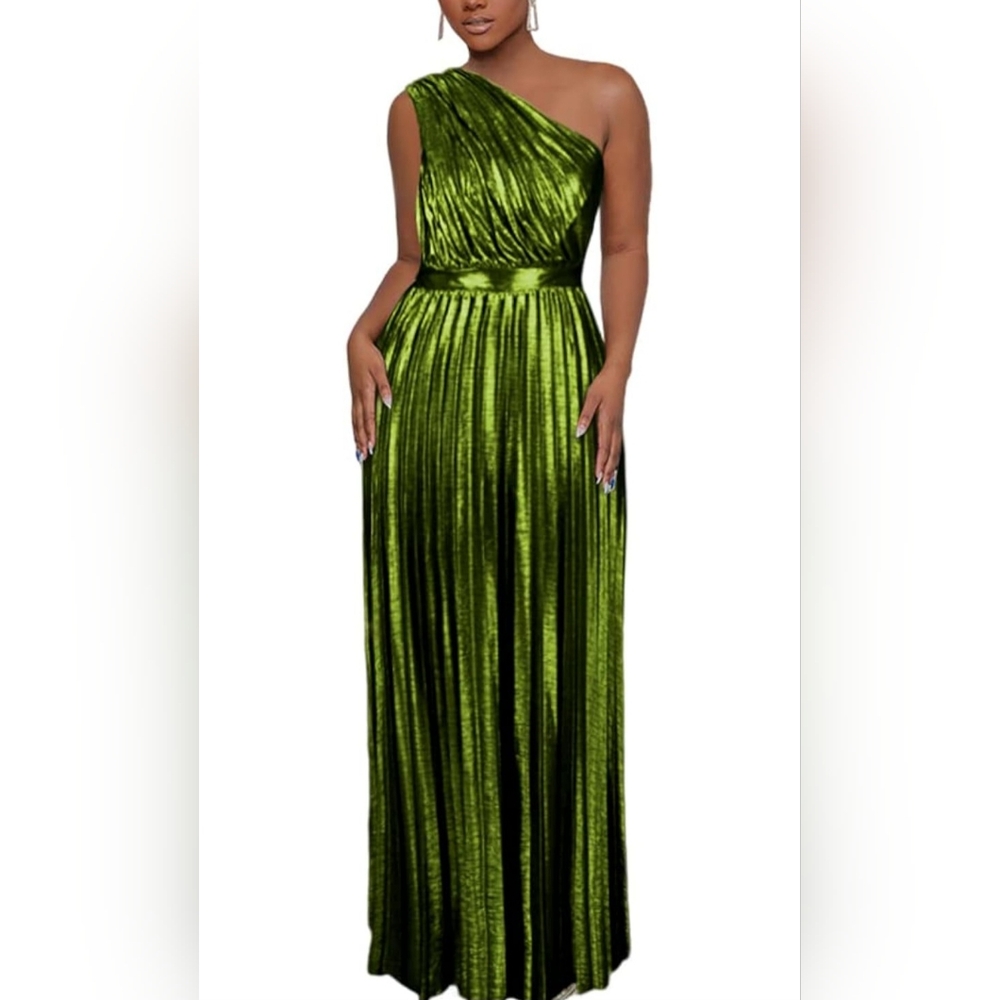 AOMEI Women's Luxury Metallic One Shoulder Sleeveless Elegant Pleated Long Dress